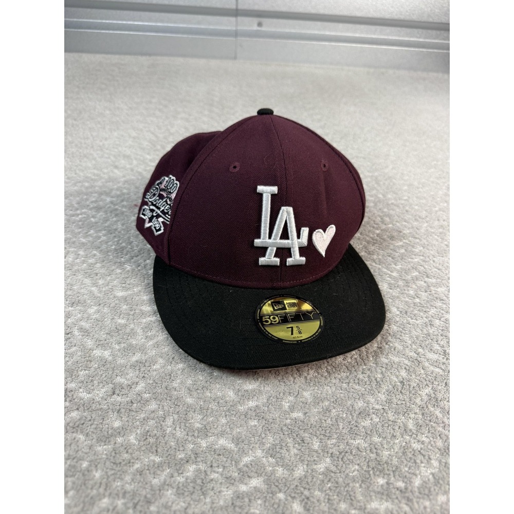 Los Angeles Dodgers Hat Cap Fitted Mens 7 5/8 Red MLB Baseball‎ New Era Heart